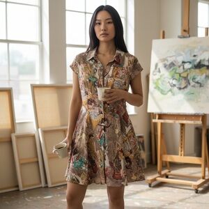 YUJIA Wearable Art Figurative Print Collared Button Front Fit & Flare Dress L